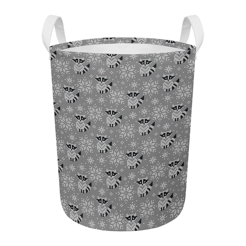 Knitted Raccoon Pattern Print Round Laundry Basket