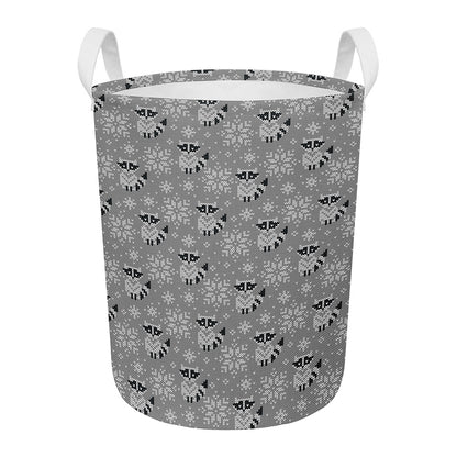 Knitted Raccoon Pattern Print Round Laundry Basket