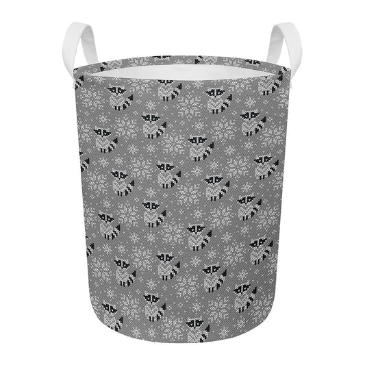 Knitted Raccoon Pattern Print Round Laundry Basket
