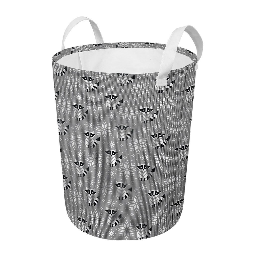 Knitted Raccoon Pattern Print Round Laundry Basket