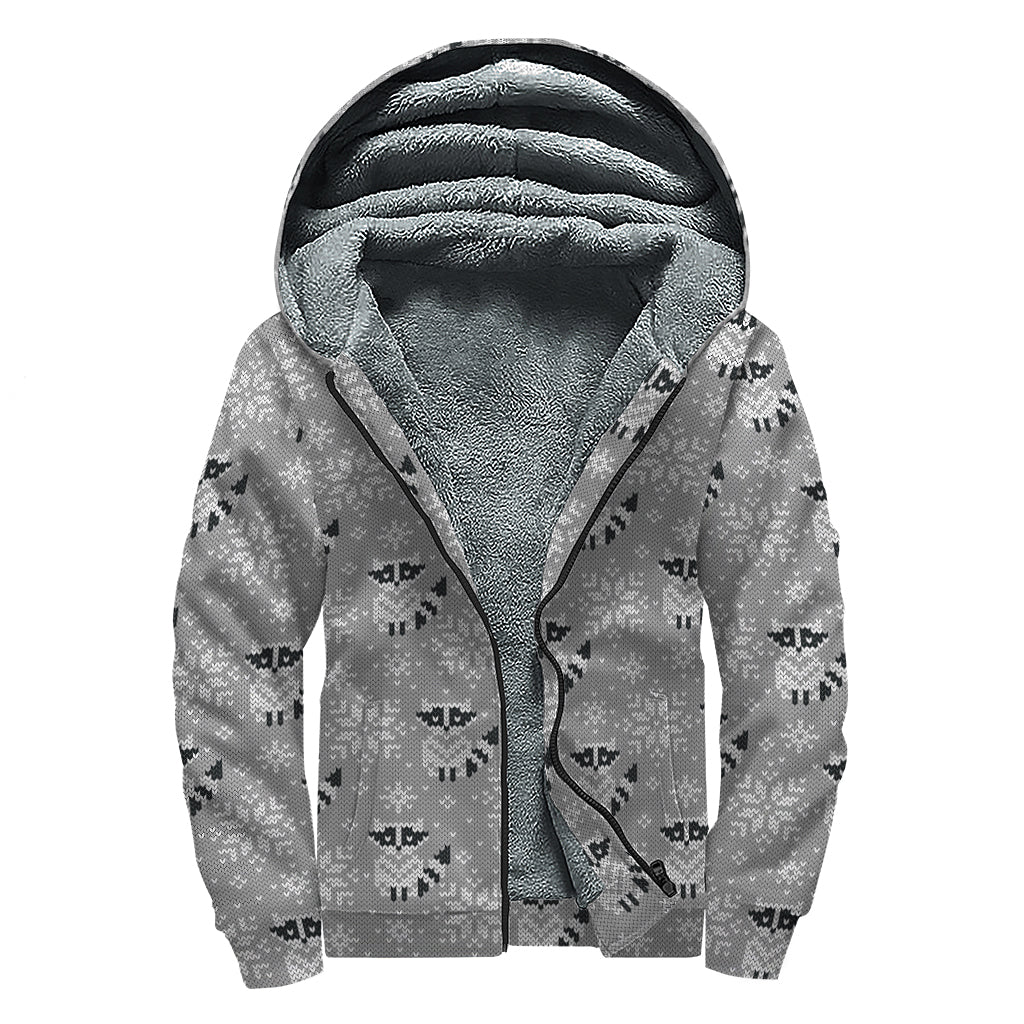 Knitted Raccoon Pattern Print Sherpa Lined Zip Up Hoodie
