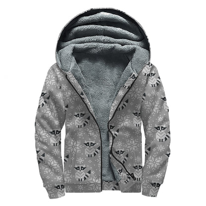 Knitted Raccoon Pattern Print Sherpa Lined Zip Up Hoodie