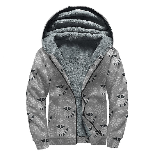Knitted Raccoon Pattern Print Sherpa Lined Zip Up Hoodie