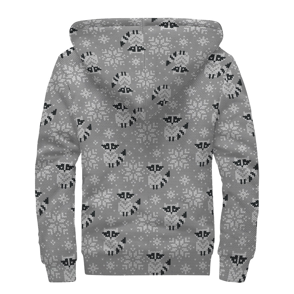Knitted Raccoon Pattern Print Sherpa Lined Zip Up Hoodie