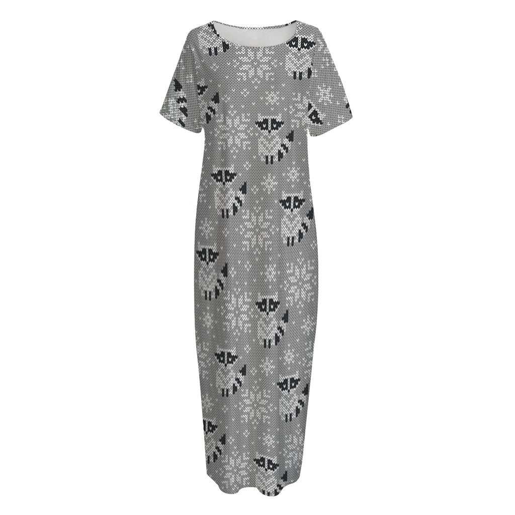 Knitted Raccoon Pattern Print Short Sleeve Long Nightdress