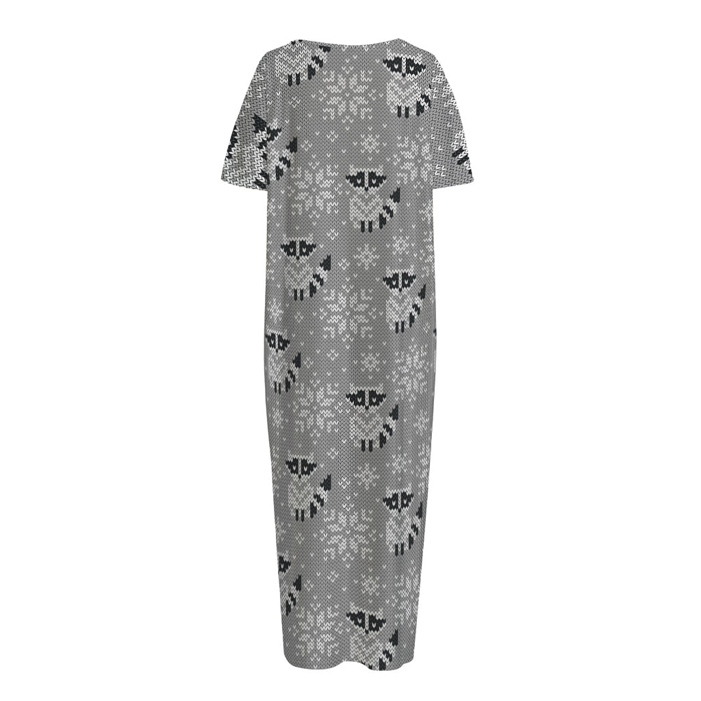 Knitted Raccoon Pattern Print Short Sleeve Long Nightdress