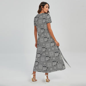 Knitted Raccoon Pattern Print Short Sleeve Maxi Dress