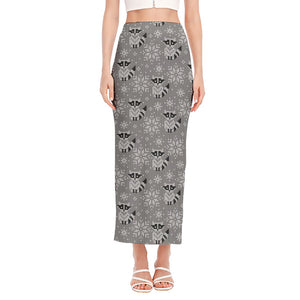 Knitted Raccoon Pattern Print Side Slit Maxi Skirt