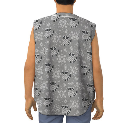 Knitted Raccoon Pattern Print Sleeveless Baseball Jersey