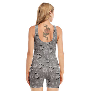 Knitted Raccoon Pattern Print Sleeveless One Piece Swimsuit