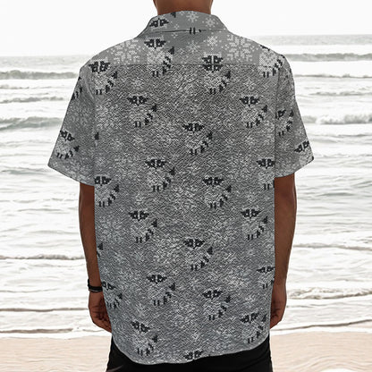 Knitted Raccoon Pattern Print Textured Short Sleeve Shirt