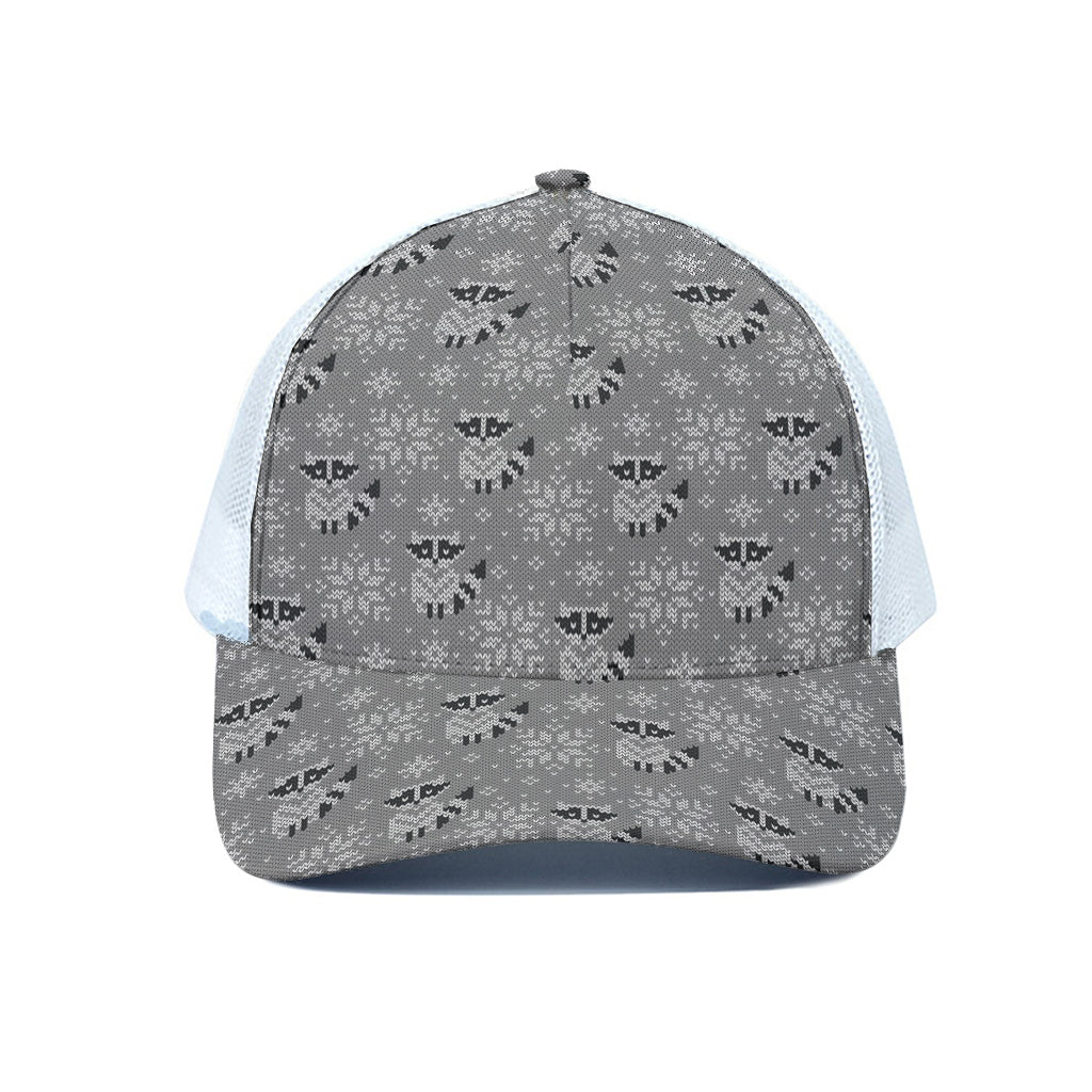 Knitted Raccoon Pattern Print White Mesh Trucker Cap