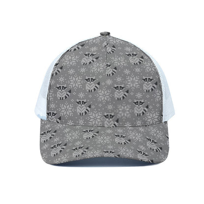 Knitted Raccoon Pattern Print White Mesh Trucker Cap