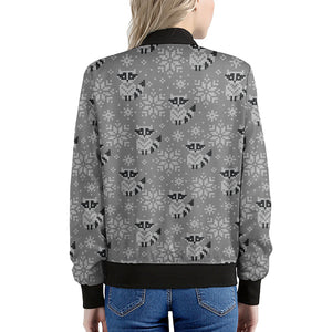 Knitted Raccoon Pattern Print Women's Bomber Jacket