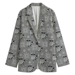 Knitted Raccoon Pattern Print Women's Cotton Blazer