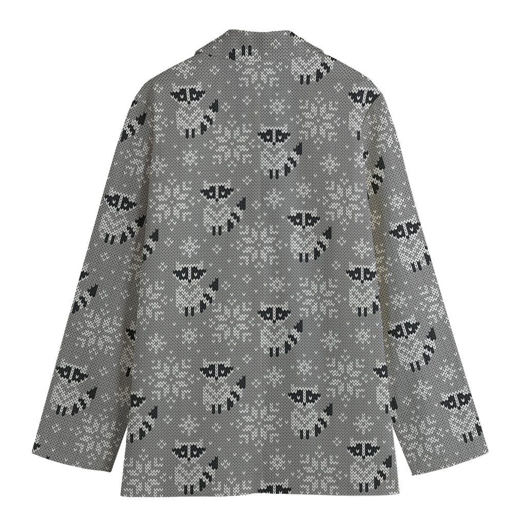 Knitted Raccoon Pattern Print Women's Cotton Blazer