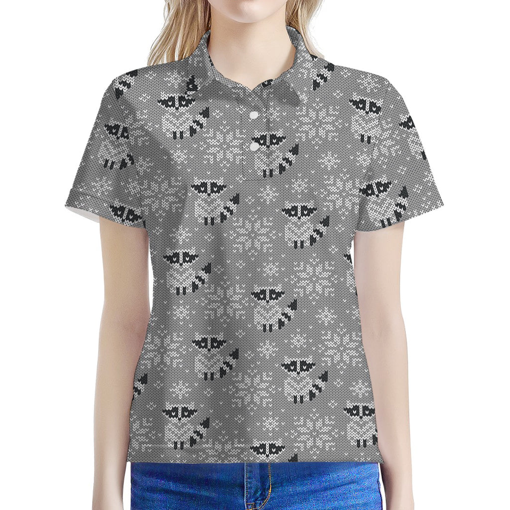 Knitted Raccoon Pattern Print Women's Polo Shirt