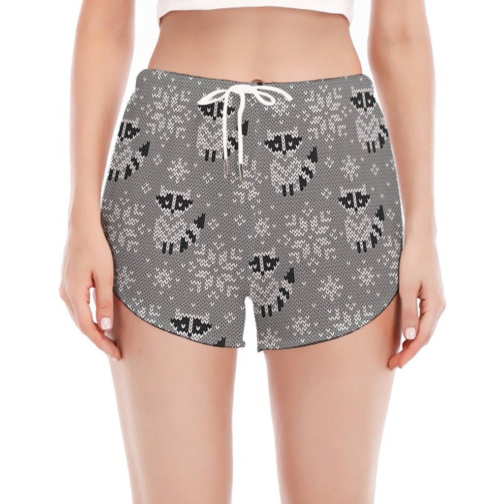 Knitted Raccoon Pattern Print Women's Split Running Shorts