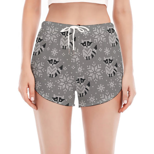 Knitted Raccoon Pattern Print Women's Split Running Shorts