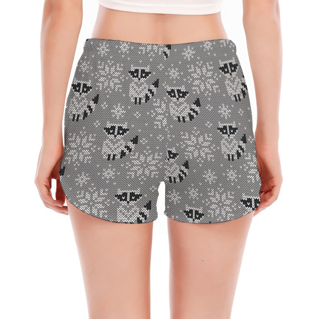 Knitted Raccoon Pattern Print Women's Split Running Shorts