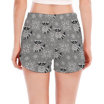 Knitted Raccoon Pattern Print Women's Split Running Shorts