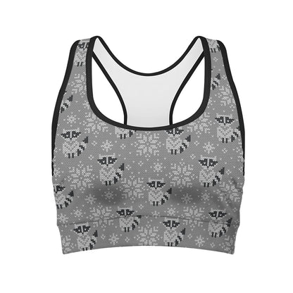 Knitted Raccoon Pattern Print Women's Sports Bra