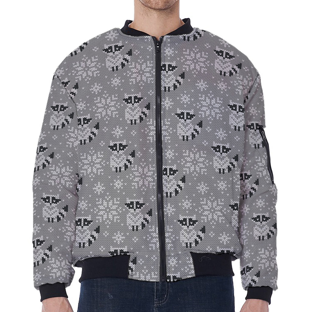 Knitted Raccoon Pattern Print Zip Sleeve Bomber Jacket