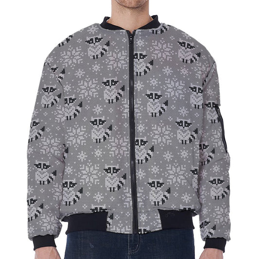 Knitted Raccoon Pattern Print Zip Sleeve Bomber Jacket