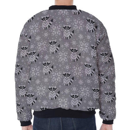 Knitted Raccoon Pattern Print Zip Sleeve Bomber Jacket
