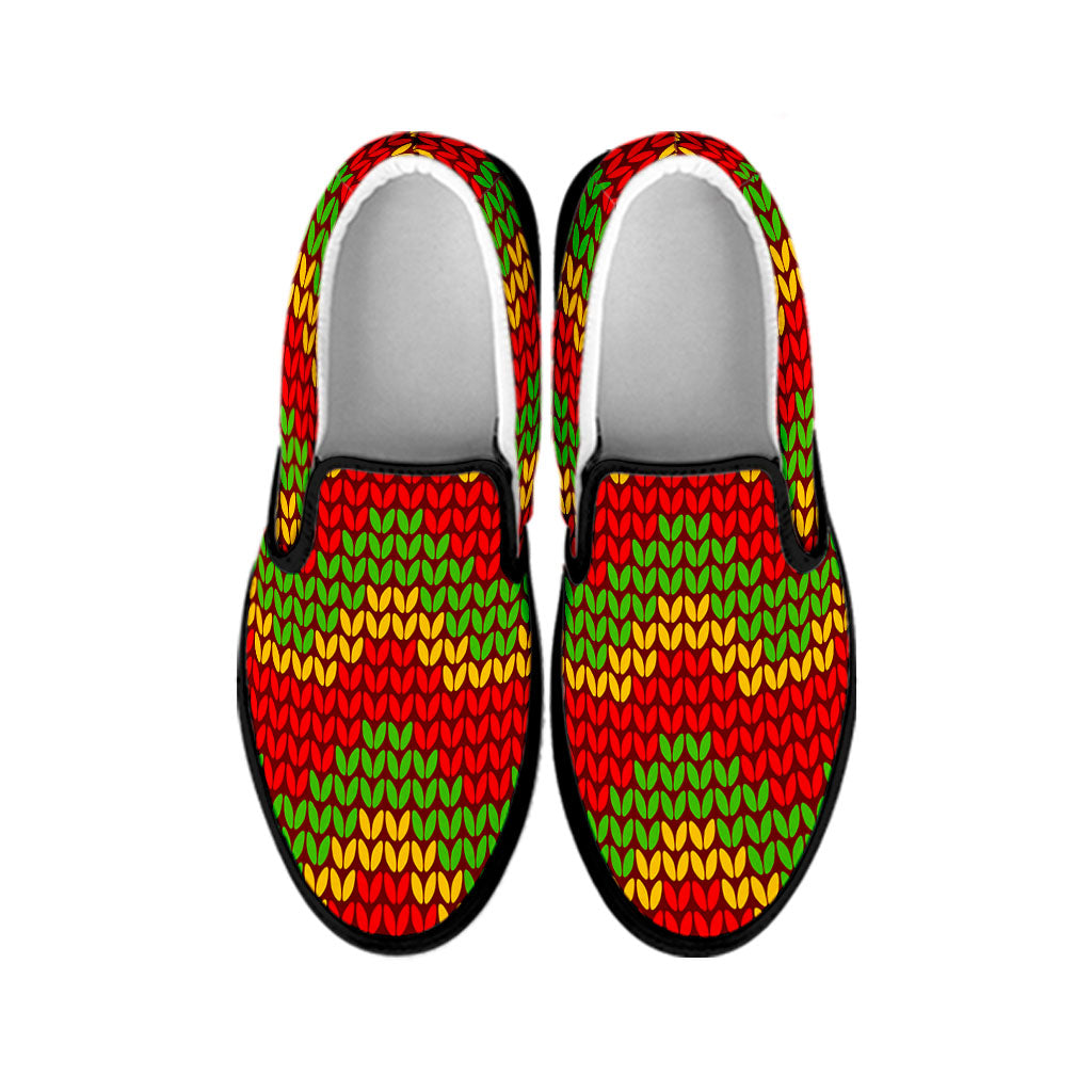 Knitted Reggae Pattern Print Black Slip On Sneakers