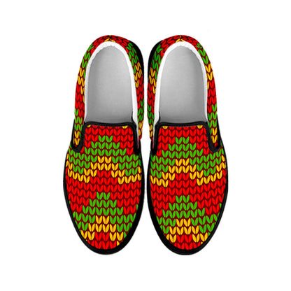 Knitted Reggae Pattern Print Black Slip On Sneakers