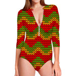 Knitted Reggae Pattern Print Long Sleeve Swimsuit