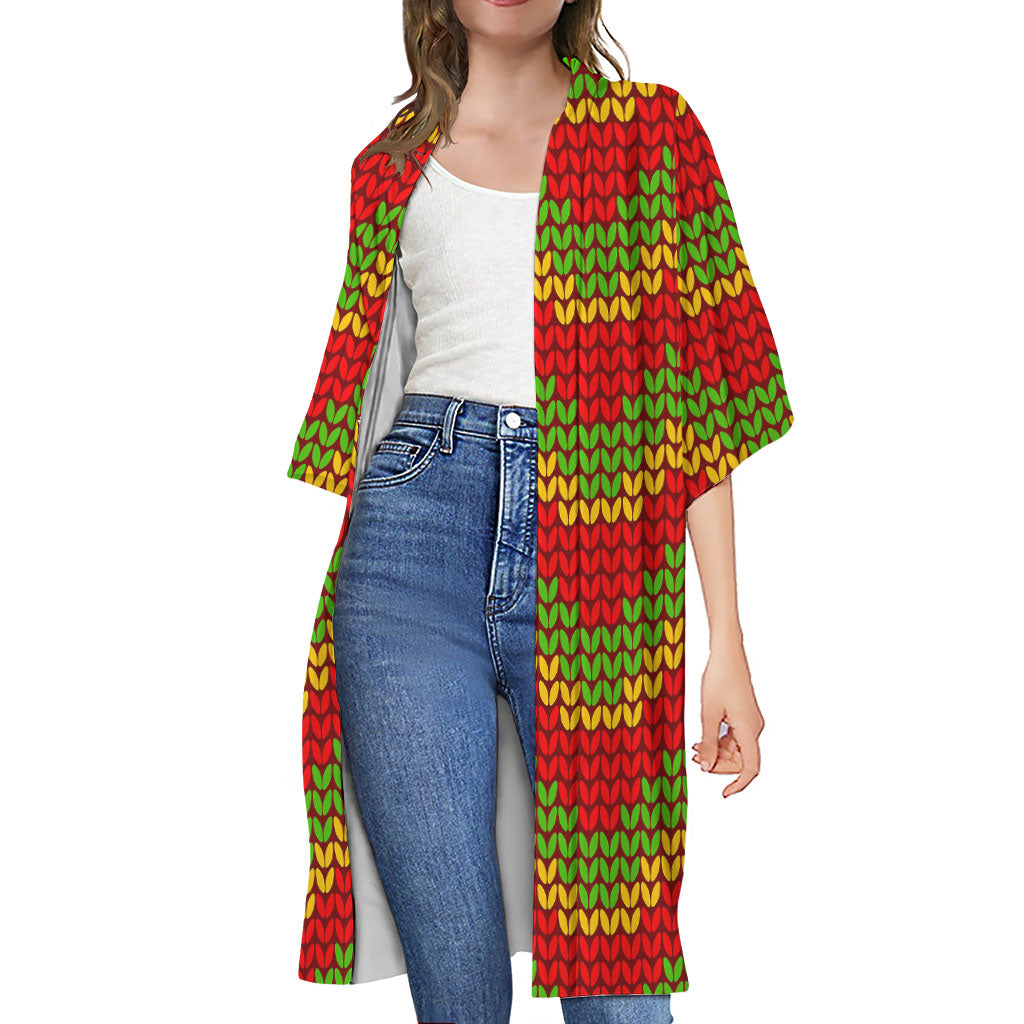 Knitted Reggae Pattern Print Open Front Beach Cover Up