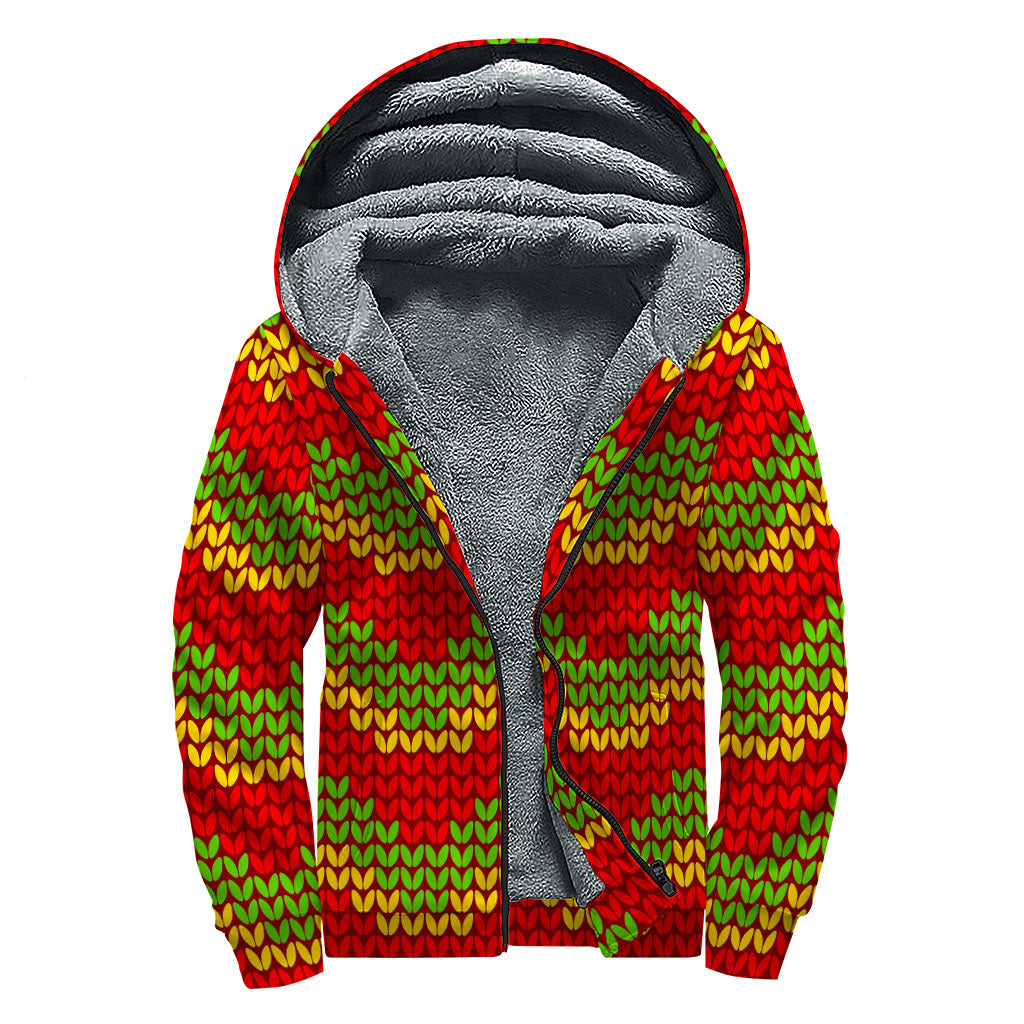 Knitted Reggae Pattern Print Sherpa Lined Zip Up Hoodie