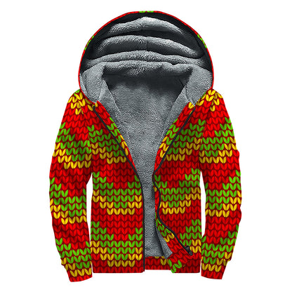 Knitted Reggae Pattern Print Sherpa Lined Zip Up Hoodie
