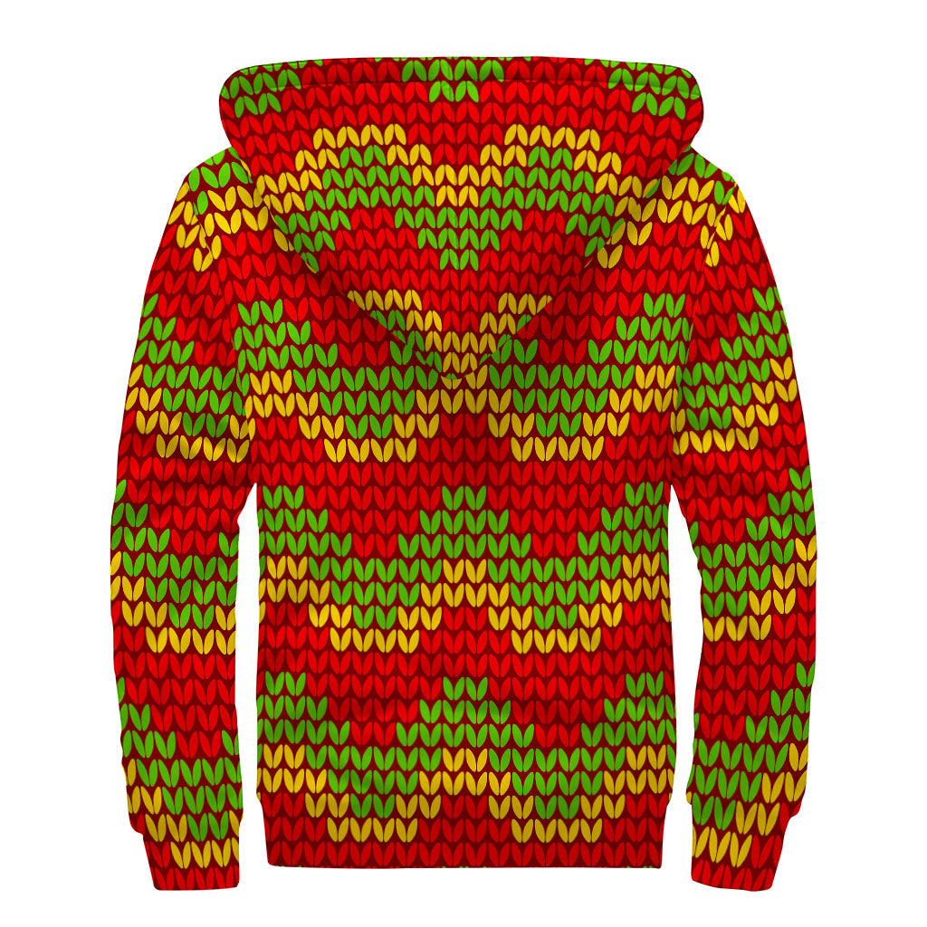 Knitted Reggae Pattern Print Sherpa Lined Zip Up Hoodie