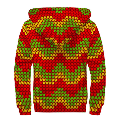 Knitted Reggae Pattern Print Sherpa Lined Zip Up Hoodie
