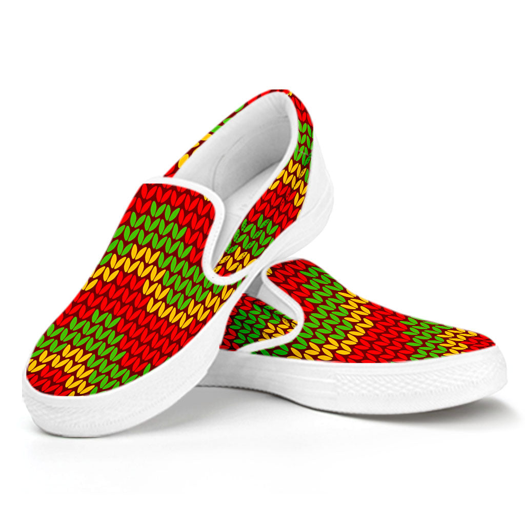 Knitted Reggae Pattern Print White Slip On Sneakers