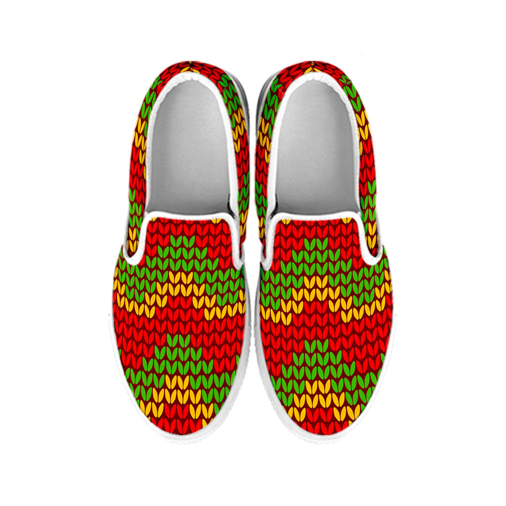 Knitted Reggae Pattern Print White Slip On Sneakers