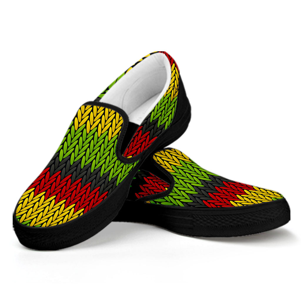 Knitted Style Reggae Pattern Print Black Slip On Sneakers