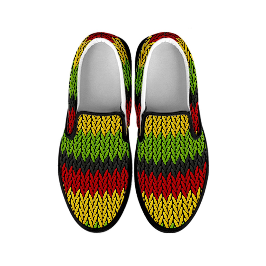 Knitted Style Reggae Pattern Print Black Slip On Sneakers