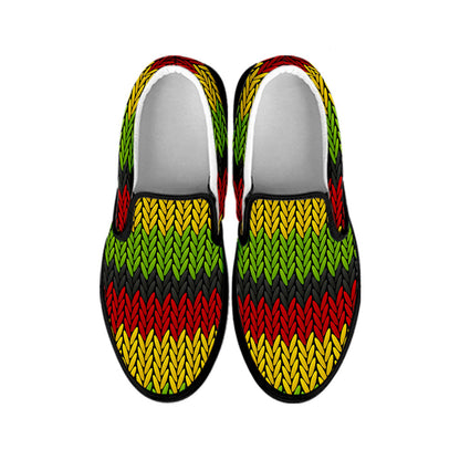Knitted Style Reggae Pattern Print Black Slip On Sneakers