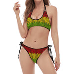 Knitted Style Reggae Pattern Print Halter Scoop Tie Side Bikini