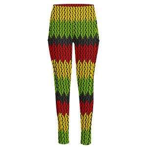 Knitted Style Reggae Pattern Print High-Waisted Pocket Leggings