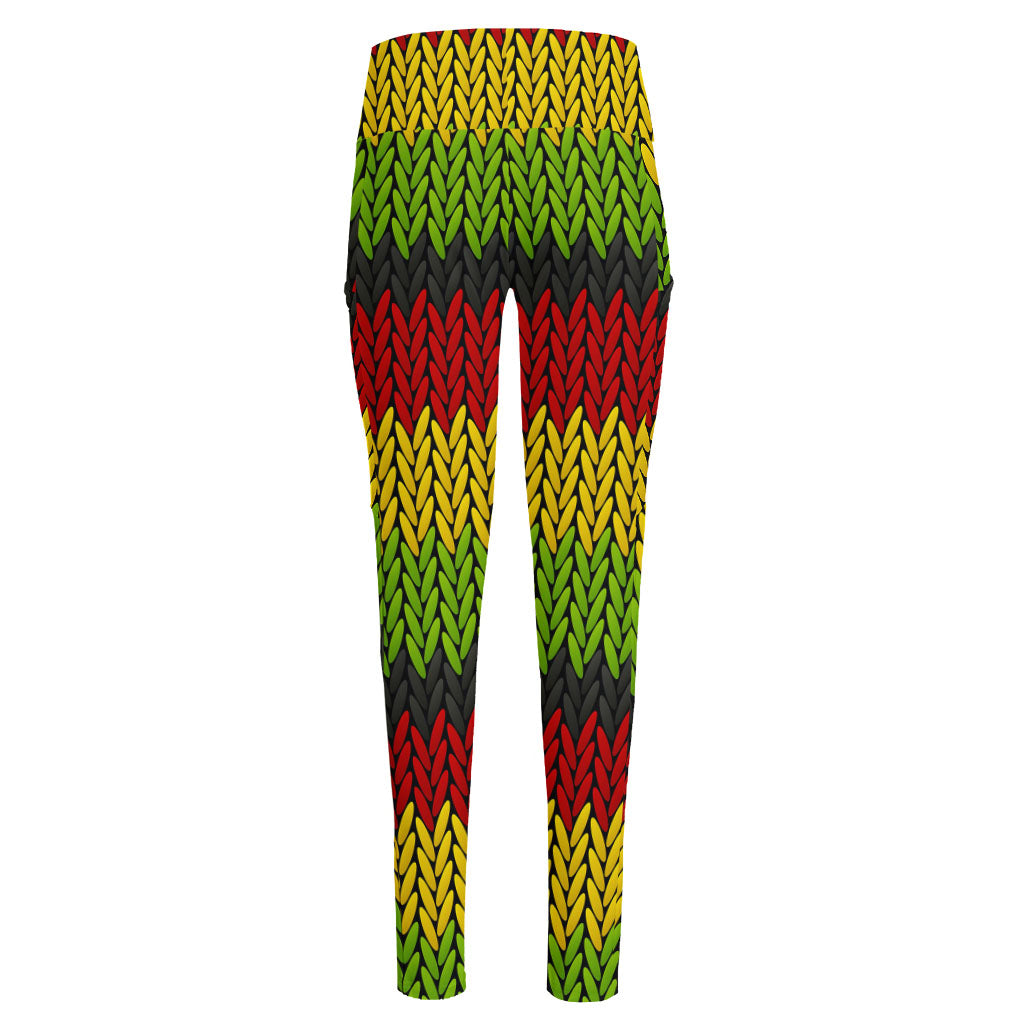 Knitted Style Reggae Pattern Print High-Waisted Pocket Leggings