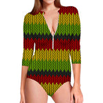 Knitted Style Reggae Pattern Print Long Sleeve Swimsuit
