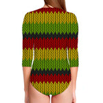 Knitted Style Reggae Pattern Print Long Sleeve Swimsuit