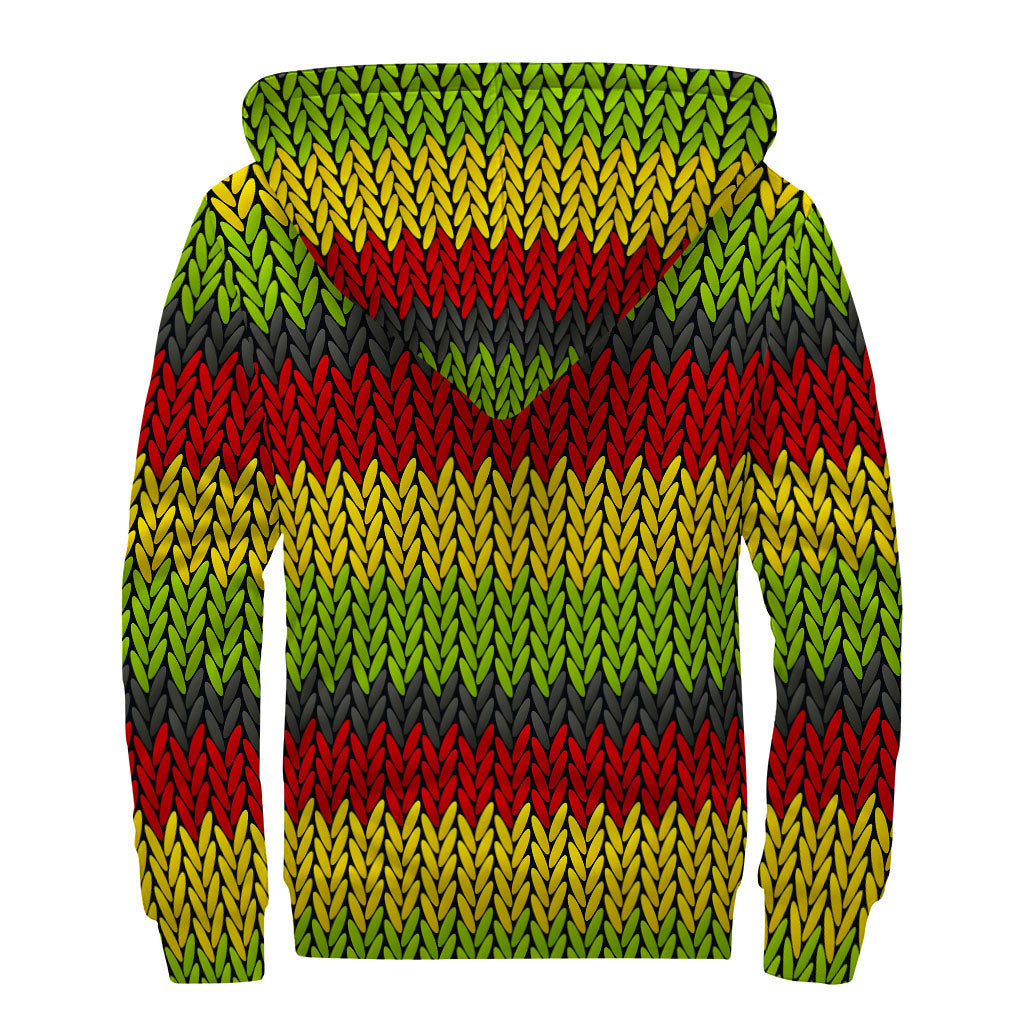 Knitted Style Reggae Pattern Print Sherpa Lined Zip Up Hoodie
