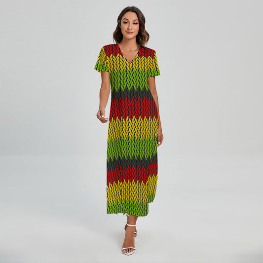 Knitted Style Reggae Pattern Print Short Sleeve Maxi Dress