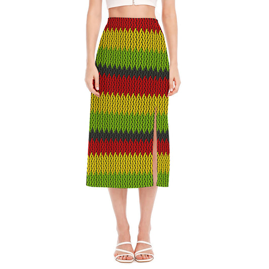 Knitted Style Reggae Pattern Print Side Slit Midi Skirt